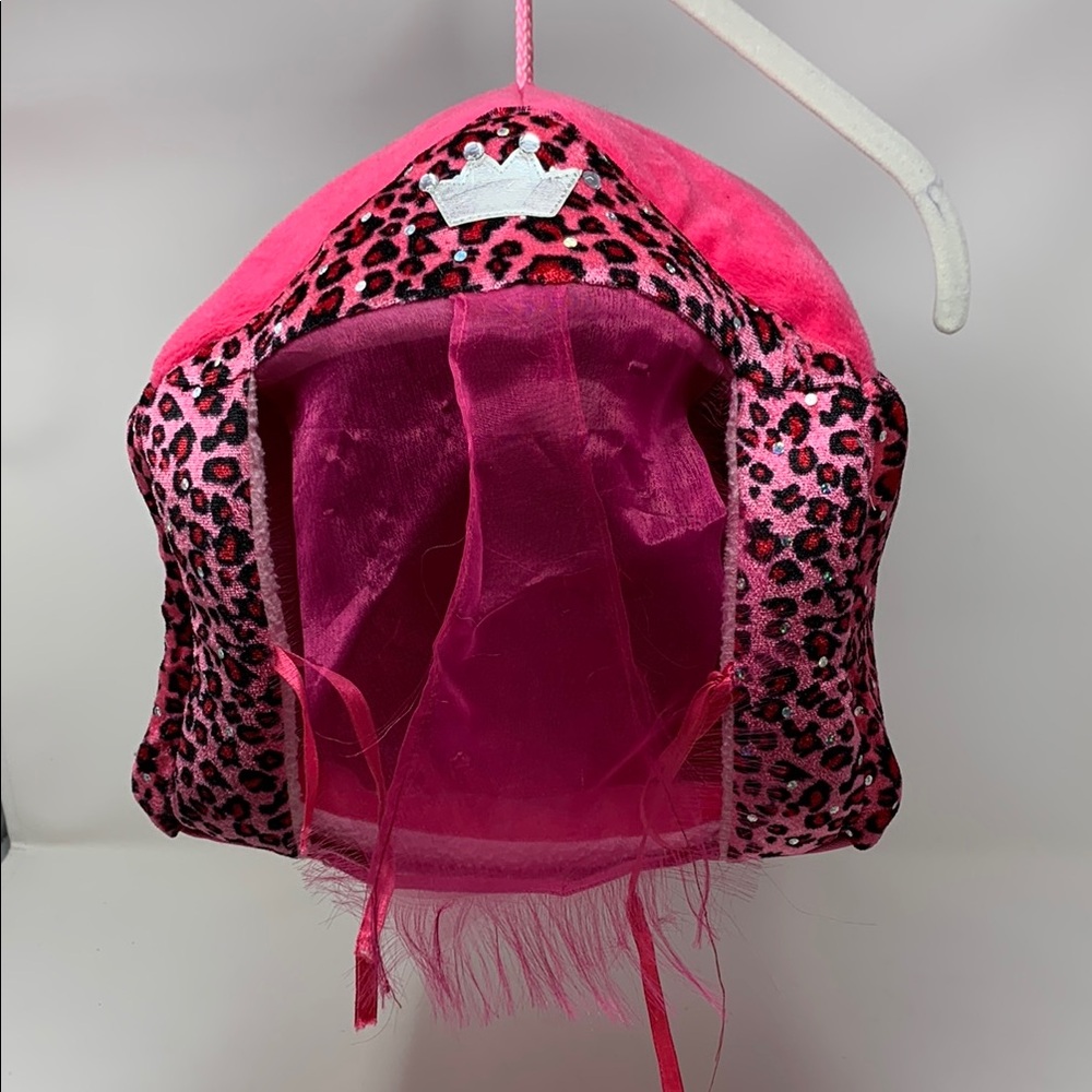 Pink Leopard Print Pet Bed with Crown and Blanket for inside